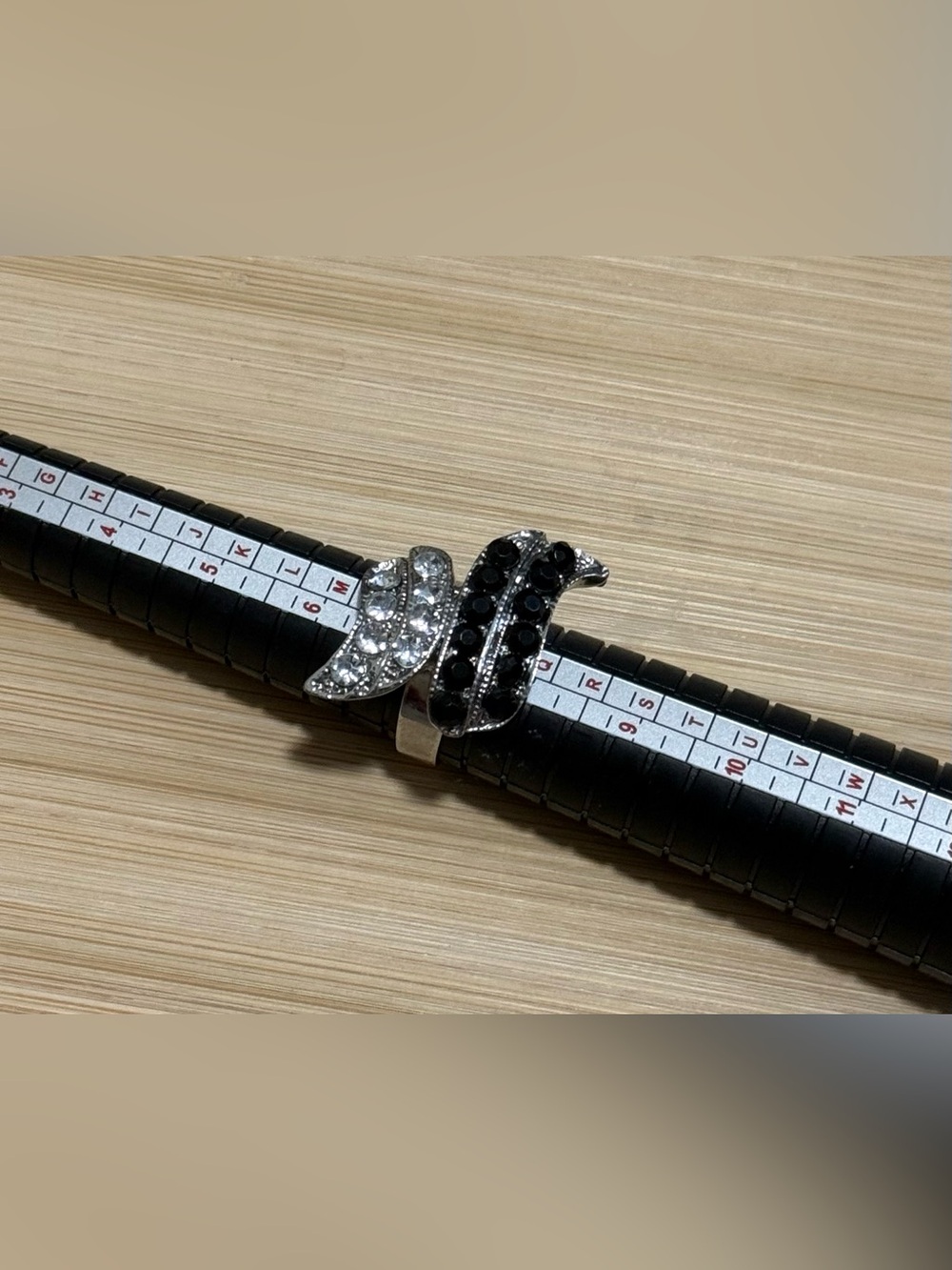 Silver & Black Rhinestone Double-Wave Adjustable Ring